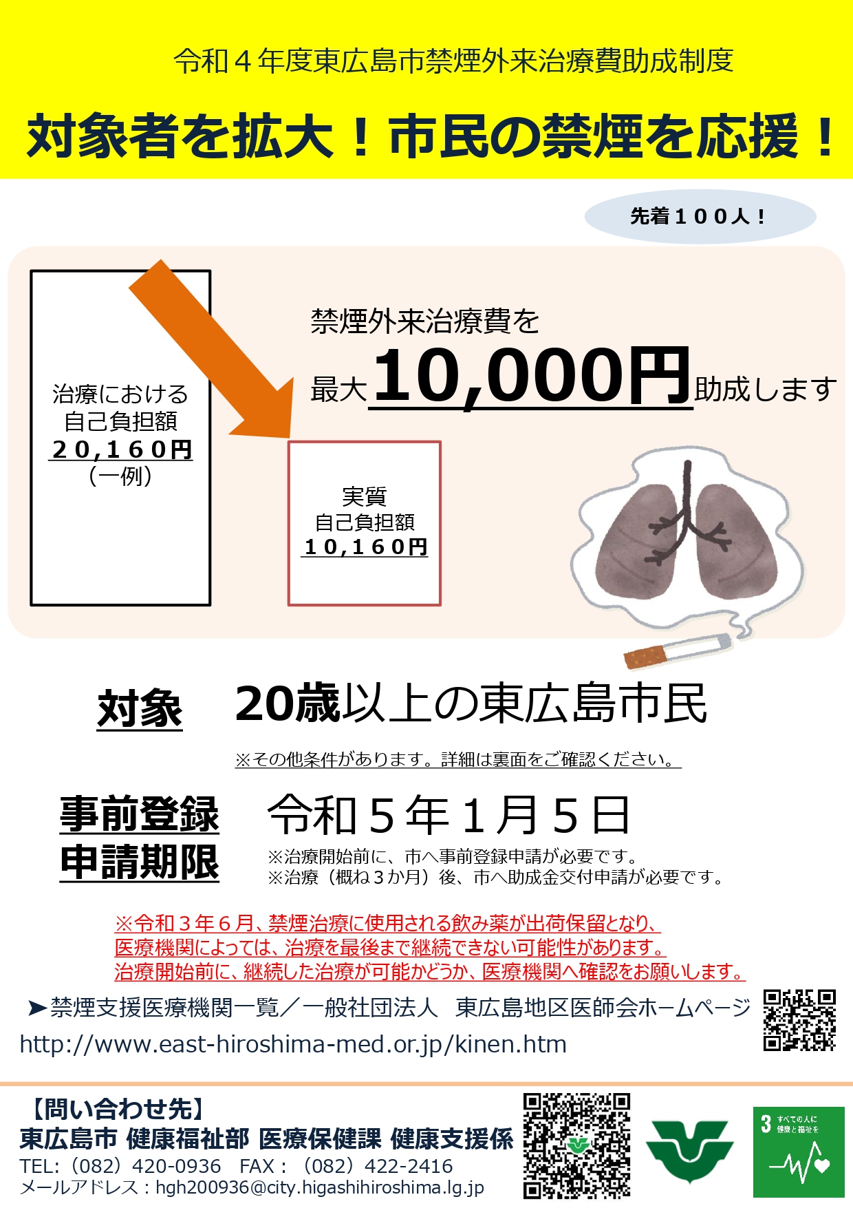 禁煙外来治療費助成制度　令和4年度　東広島市　