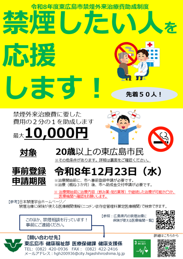 禁煙外来治療治療費助成制度|下山記念クリニック(東広島市)